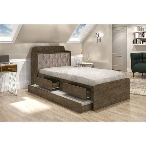 Cama Tamires Solteiro 0,88cm com Auxiliar Castanho com Capitonê Bege - Cambel