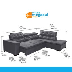 Sofá 5 Lugares Canto 2,80x2,20 M Sttilo Retrátil e Reclinável Chaise e Pillow e Molas Cinza- Megasul - 5