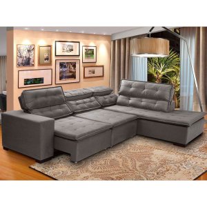 Sofá 5 Lugares Canto 2,80x2,20 M Sttilo Retrátil e Reclinável Chaise e Pillow e Molas Cinza- Megasul
