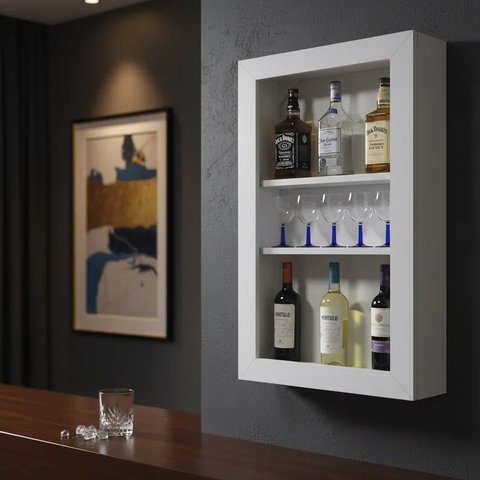 Bar Adega Peq para Vinhos e Bebidas Cristaleira Suspenso de Parede para Sala Estar ou Jantar Branco