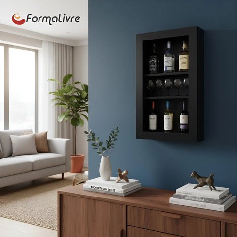 Bar Adega Peq para Vinhos e Bebidas Cristaleira Suspenso de Parede para Sala Estar ou Jantar Preto