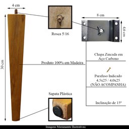 2 Pés Palito Madeira Quadrado 30cm e 2 Chapinhas Aço Inclinada 15º Mel/zincado G75 / G59 - Gran Belo - 2
