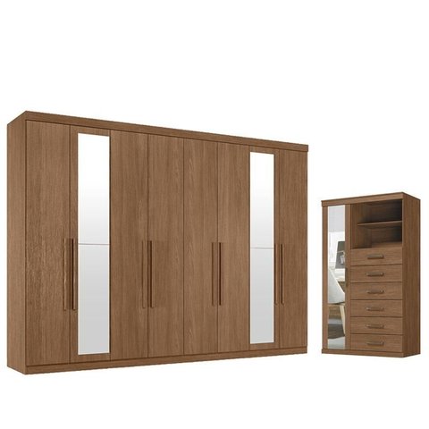 Guarda Roupa Casal 8 Portas e 4 Gavetas Master New com Espelho e Cômoda Marabá com Espelho Jatobá - 