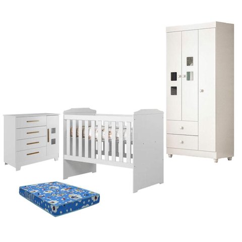 Guarda Roupa Life com Cômoda Fly e Berço Americano Carinho Branco Acetinado Colchão Americano Ortobo
