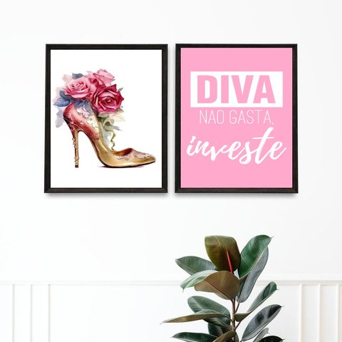 Kit 2 Quadros Sapato Feminino - Diva 33x24cm - com Vidro:madeira Preta