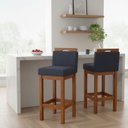 Ver imagem 1 de Kit 2 Banqueta Alta de Madeira Aurora Balcão Cozinha Bistro com Encosto Suede Azul