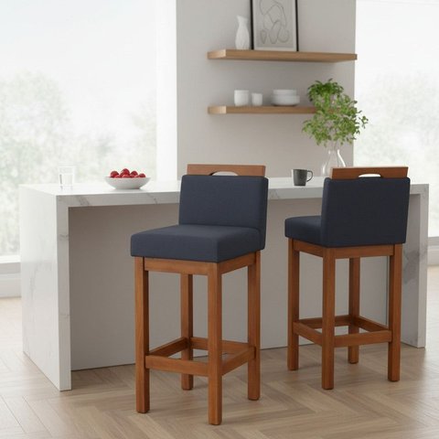 Kit 2 Banqueta Alta de Madeira Aurora Balcão Cozinha Bistro com Encosto Suede Azul