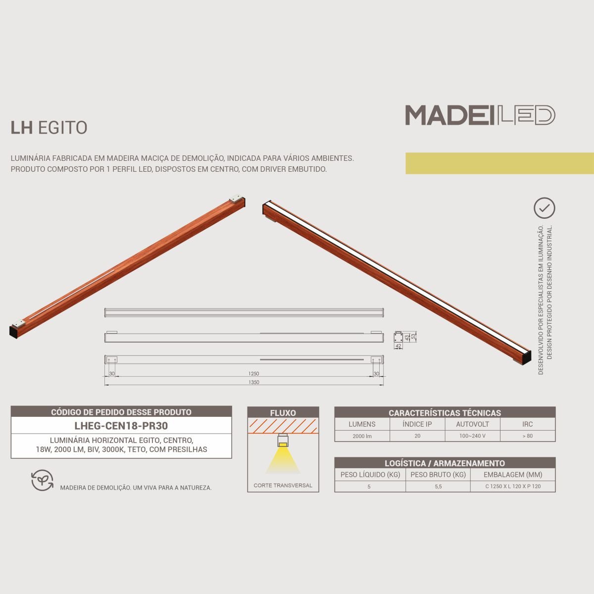 Luminária de Teto Led Egito 18w 2000lm Madeira Maciça - 6