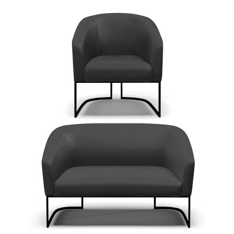 Sofá Namoradeira e Poltrona Base Industrial Preto Stella Corino Preto D03 - D'Rossi