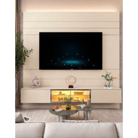 Conjunto Home Modular Painel Rack Parede Suspenso Matiz 217 Cor:Off-White/Madeira