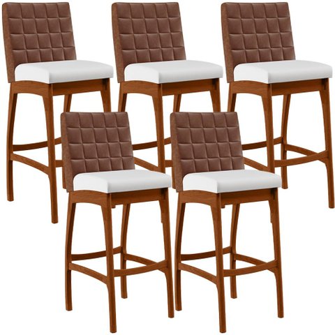 Kit 5 Banquetas Altas Cozinha Sala Jantar Fixa Mila B04 Couríssimo Marrom Corano Branco - Lyam