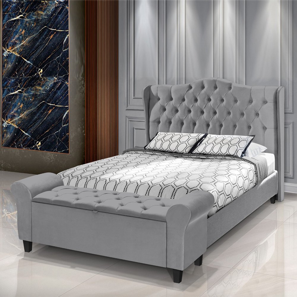 Conjunto Cabeceira Box com Recamier Divã para Cama Queen 1.60 Dubai Pávia Cinza - Lh Móveis