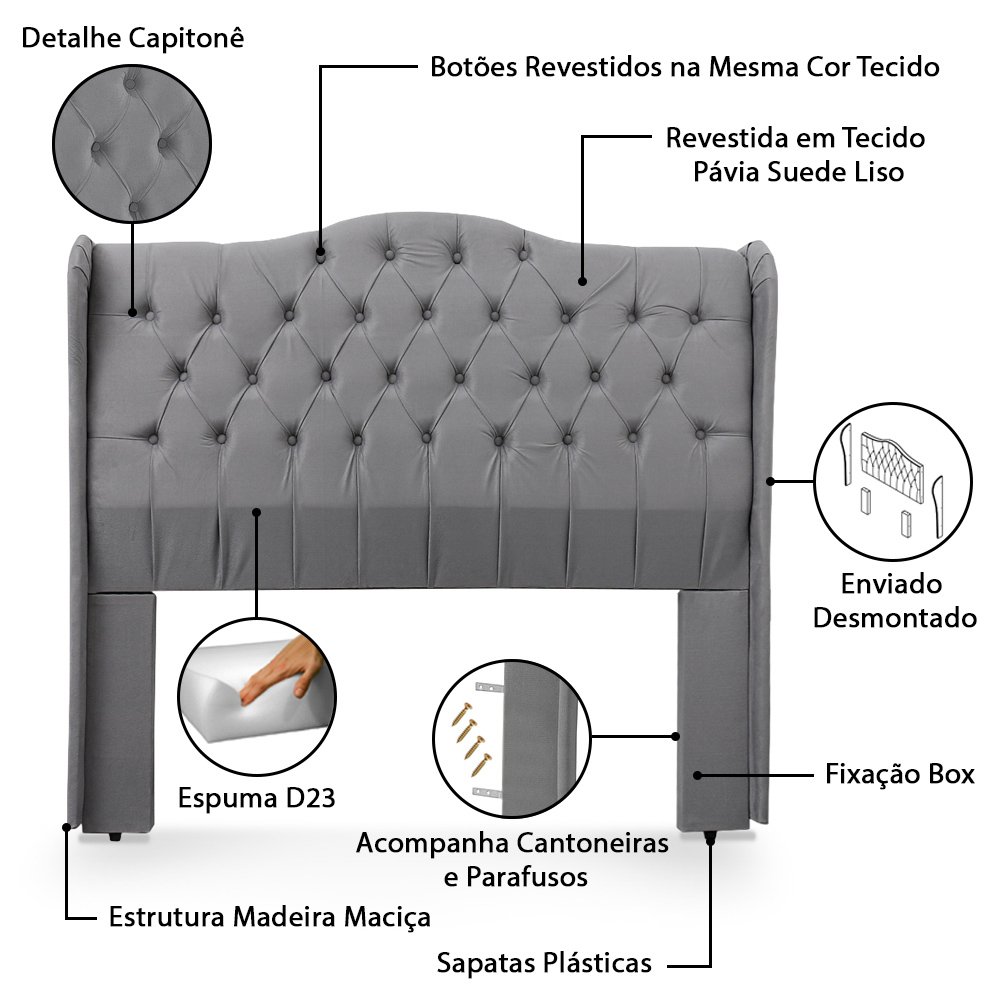 Conjunto Cabeceira Box com Recamier Divã para Cama Queen 1.60 Dubai Pávia Cinza - Lh Móveis - 8