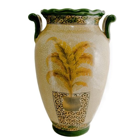 Vaso Ânfora Decorativo Cerâmica Craquelada Palmeira Amarela Alças Verdes 52cm Columbus Gold