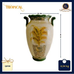 Vaso em cerâmica Craquelê, fundo claro com pintura de palmeira amarela - 2