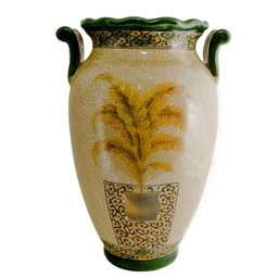 Vaso em cerâmica Craquelê, fundo claro com pintura de palmeira amarela - 1