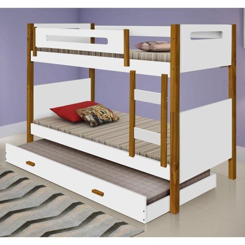 Beliche com Cama Auxiliar Solteiro Flórida com Escada MDF Branco Divaloto Móveis