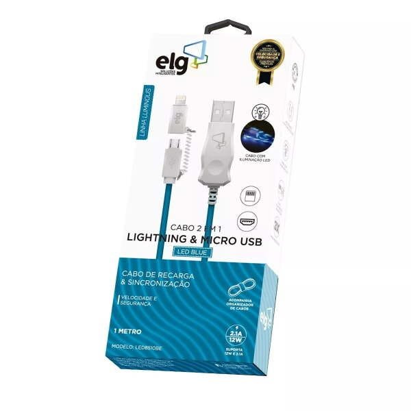 Cabo 2 em 1 micro usb e lightning 1 metro iluminado led led8510be elg