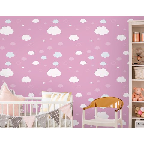 Papel de Parede Infantil - Céu Nuvens Rosa Arte Destaque 1,50 Metros