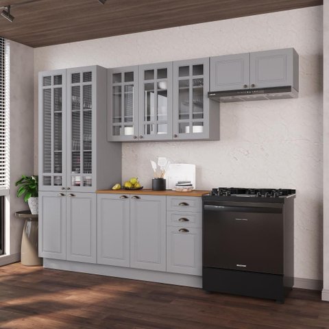 Armário de Cozinha Modulada Compacta Fidelitá Nara 100% MDF 4 Peças 280cm 12 Portas 2 Gavetas com