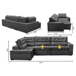 Sofá de Canto Retrátil e Reclinável com Molas LE 3,40x2,00m Viviane Suede Cinza Madelina Decor - 2