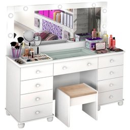 Penteadeira com Banqueta Camarim Branca com Led - 1