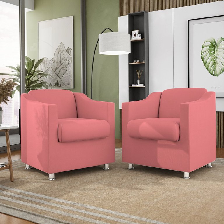 Kit 2 Poltronas Decorativas Veludo Reforçada Consultório Sala Suede Cor:rosa