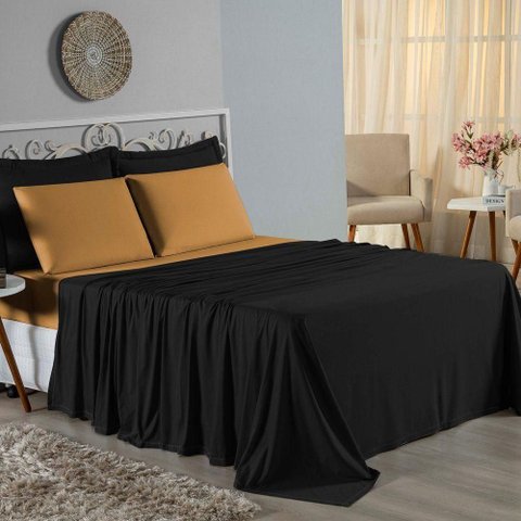 Jogo de Cama Casal Viúva Nobre 4 Peças Malha 100% Algodão - Preto / Cobre