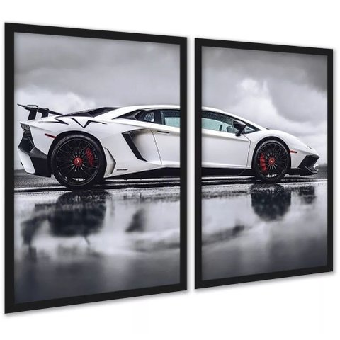Kit 2 Quadros Decorativos Carro de Luxo Esportivo 24x18cm:moldura Preta