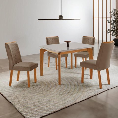 Conjunto Mesa de Jantar 120cm com 4 Cadeiras Estofadas Multimóveis Crrft-CON045 Madeirado/Off White