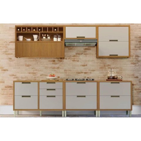 Kit Cozinha Modulada 6 Peças Imperatriz 3 Aéreos + 3 Balcões C6p47 Freijó Off White