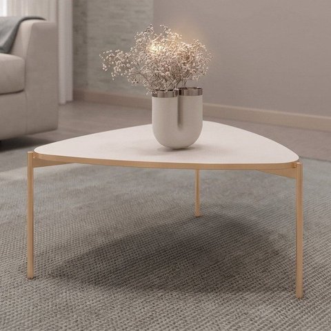 Mesa de Centro Triangular Pés Metálico Dourada Lina Off White