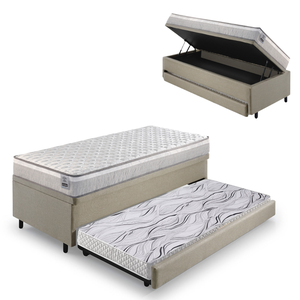 Bicama Box Baú Solteiro Linho Bege 88x188 com Colchão Hanover Molas Ensacadas Inducol