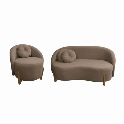 Conjunto 01 Poltrona + Sofá Curvo Orgânico Amsterdã Bouclê Cappuccino - Montanari's Decor