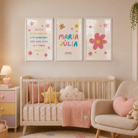 Kit Quadros Infantil com Nome - Flores:20x30/Moldura Branca Vidro Acrílico