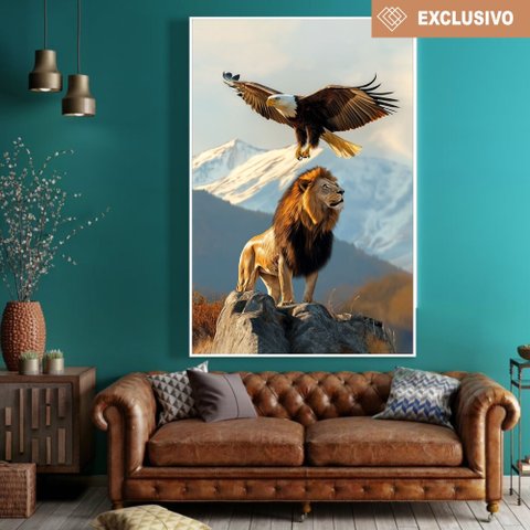 Quadro Decorativo Águia e o Leão na Montanha Sala Quarto Casa Escritório