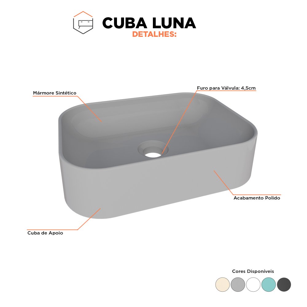 Cuba de Apoio para Banheiro em Mármore Sintético Luna Cinza - Cozimax - 3