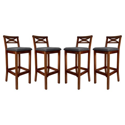 Kit 4 Banquetas Alta para Cozinha Madri Madeira Castanho Suede Cinza Ccs
