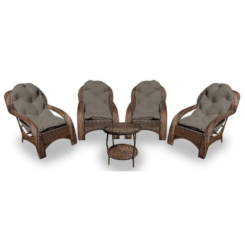 Conjunto de Poltronas Fibra Sintética Espreguiçadeira - 4 Poltronas + 1 Mesa Centro - Tecido Duna Fe