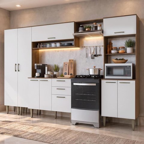 Cozinha Compacta Lille 9 Portas 2 Gavetas MDP 305cm Rustic e Branco