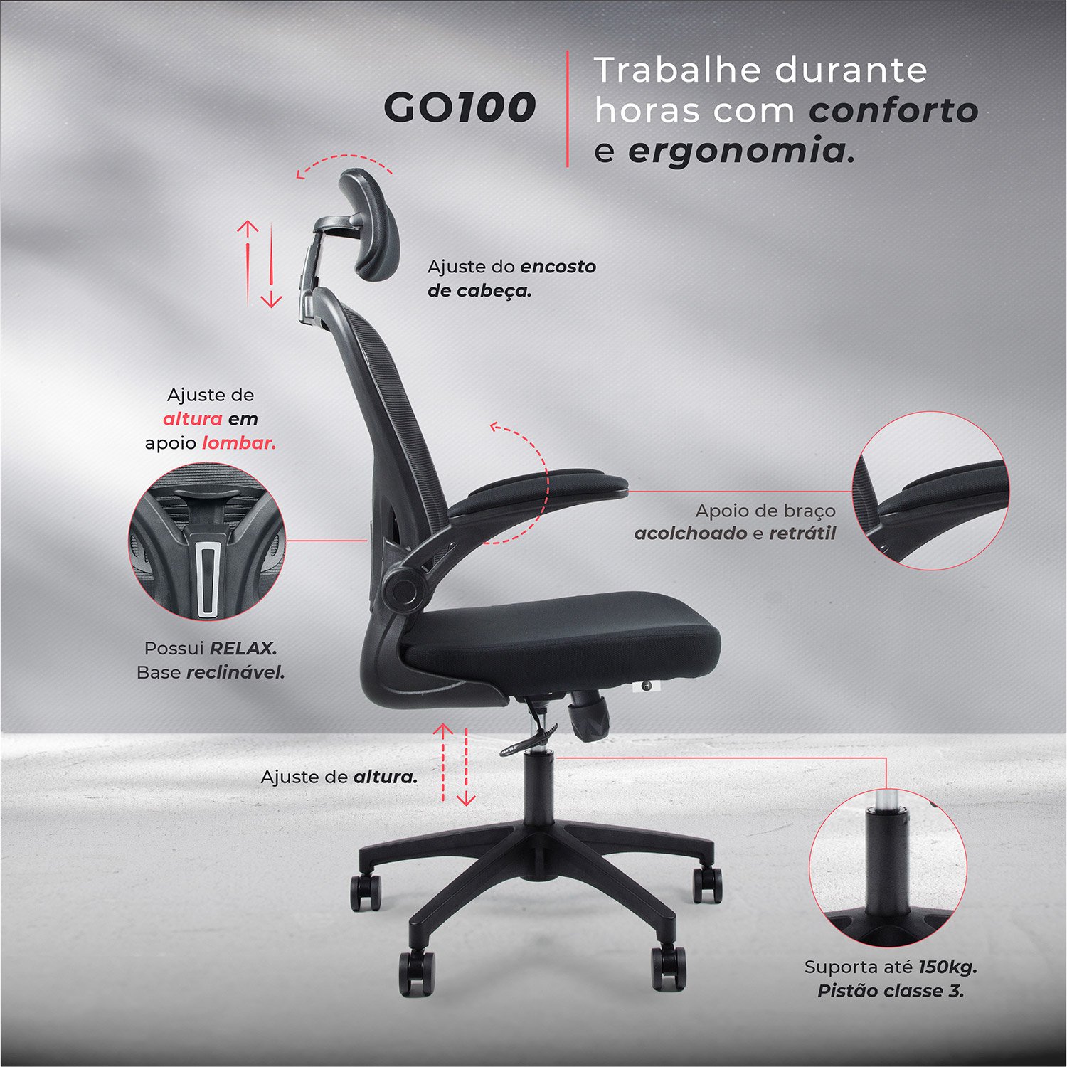 Cadeira Presidente Escritório Ergonômica Gogo Chair Giratória Premium Branca - 8