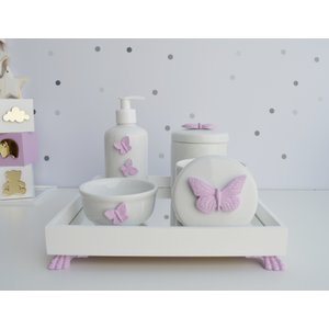 Kit Higiene Porcelana Bebê Banho Cuidado Quarto Meninas Maternidade K014 Borboleta - Lilás