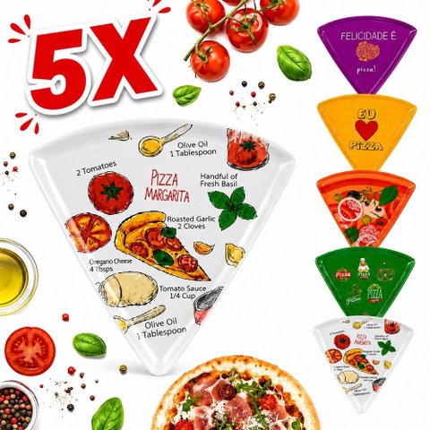 Kit 5 Prato para Pizza Fatia Formato Triangular Divertido 22cm Melamina Cozinha Restaurante Pizzaria