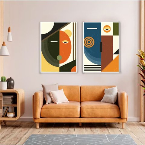 Quadro Decorativo Cubismo Abstrato em 2 Telas com Moldura Filete