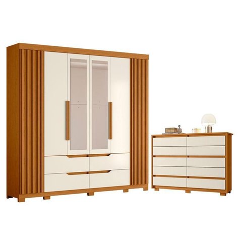 Guarda Roupa Casal Doble com Espelho 06 Portas e Cômoda Duetto 10 Gavetas Cinamomo Off White - Mó