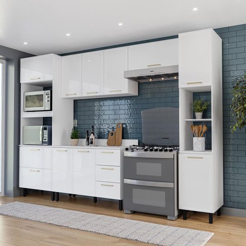 Cozinha Amara 5 Peças 310cm Armários Aéreos Torre Quente Paneleiro Balcão Tampo Branco 250092