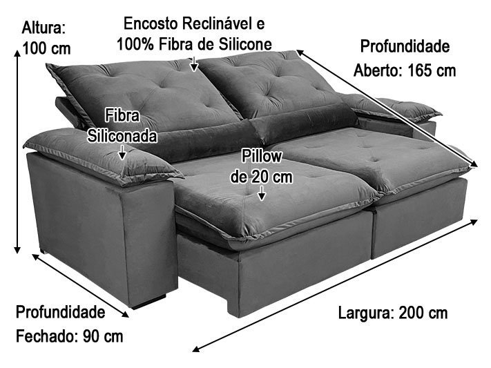Sofá Retrátil Reclinável 2,00 m Cinza Prata 710 Zuqui Plus - 10