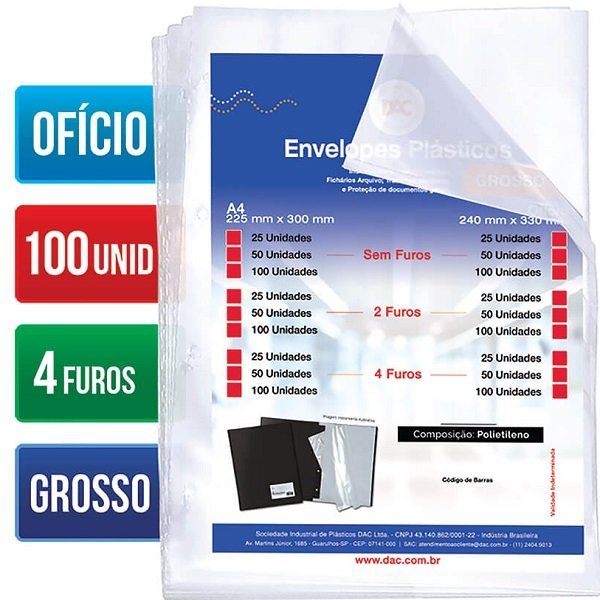 Envelope Plastico Dac Oficio com Espessura Grossa e 4 Furos 100 Unid 5076-100