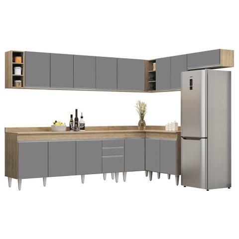 Armário de Cozinha Modulado de Canto 8 Peças Cp26 Balcão com Tampo Castanho/cinza - Lumil Lumil Móve