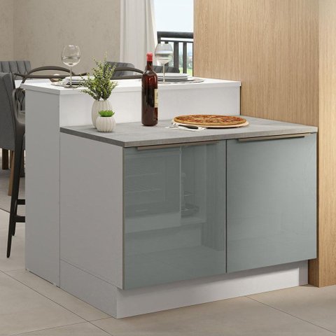 Ilha de Cozinha com Bancada e Balcão 120 Cm Branco/cinza Lux Madesa Branco/cinza